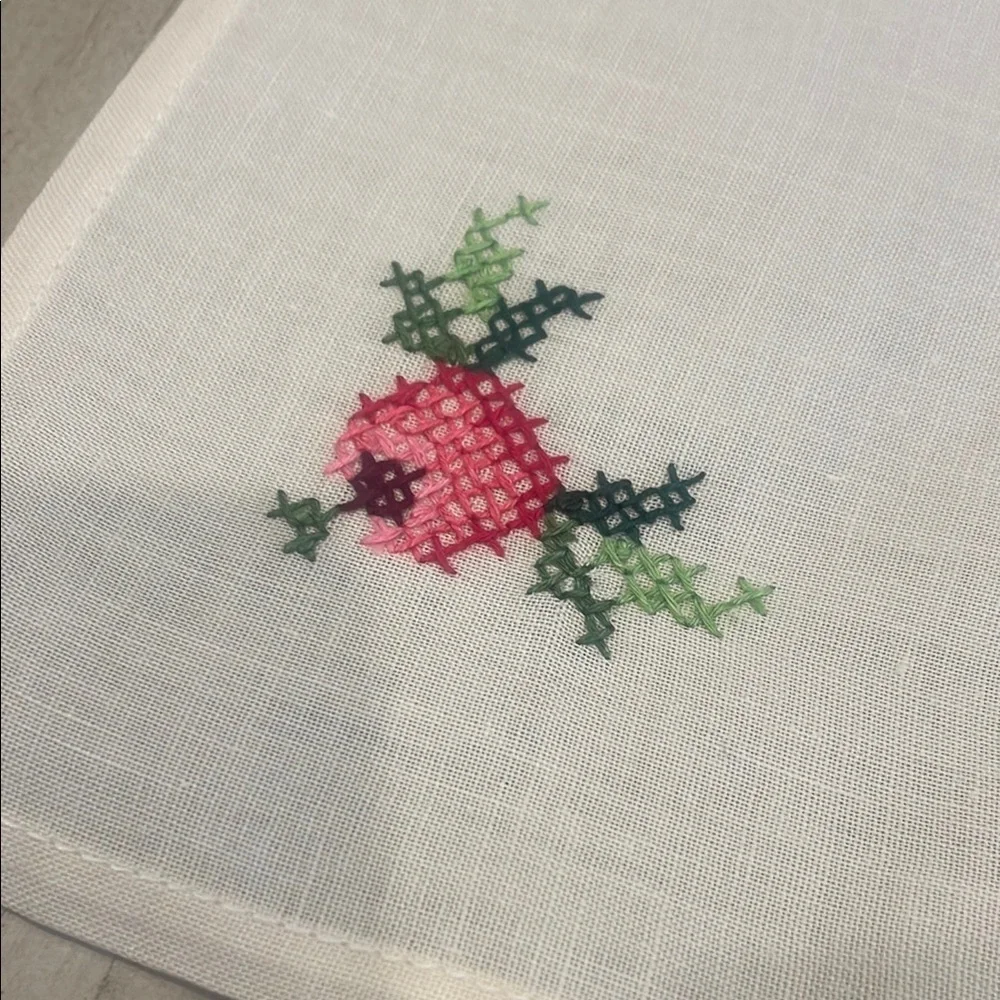 Embroidered White Linen Napkins cross stitch rose